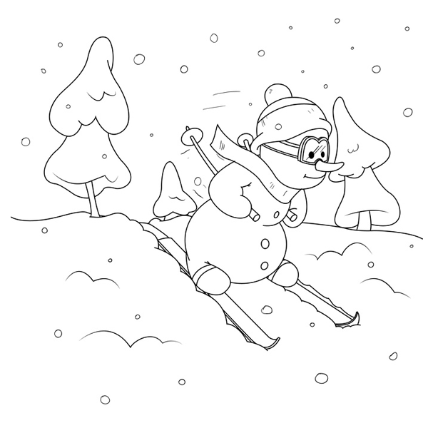 Coloriage bonhomme de neige sur ski