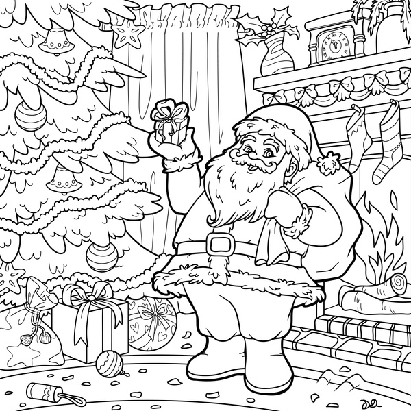 Coloriage père noël et cadeaux