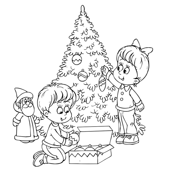 Coloriage enfants décorant le sapin